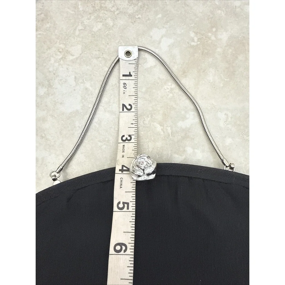 Vintage Black Twill Evening Clutch Bag Silver‎ Rose Clasp Snake Chain Strap